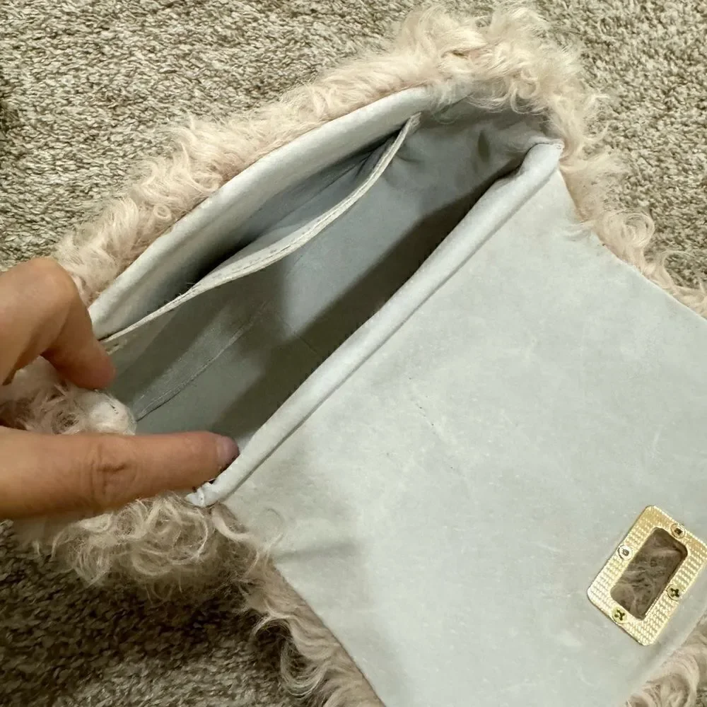 Beige Genuine Curly Shearling Top Handle & Fold Over Flap Purse, Crossbody